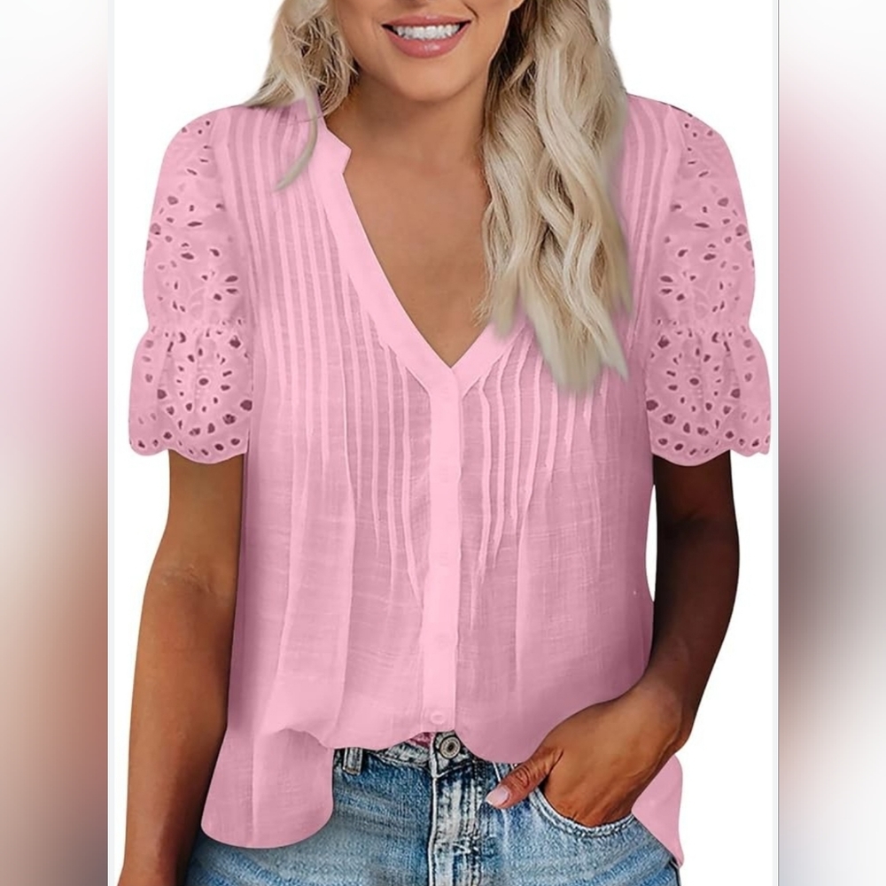 Camisa Pink Buttons Up V Neck Blouse